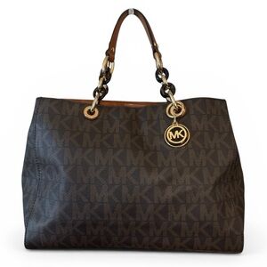 Michael Kors Large Cynthia Tote Dark Brown MK Signature Logo with Gold Charm